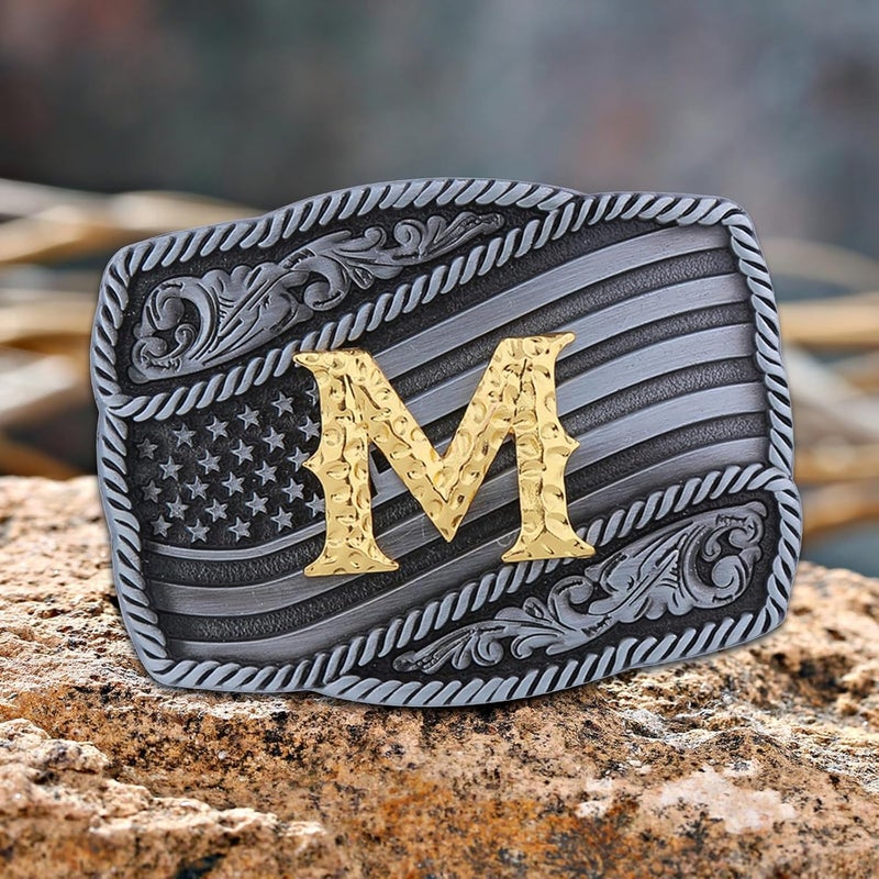 Fibbadet Store Western Cowboy Initial Letters A-Z American Flag Belt Buckle for Men Fathers Day Boyfriend Husband - Image 1